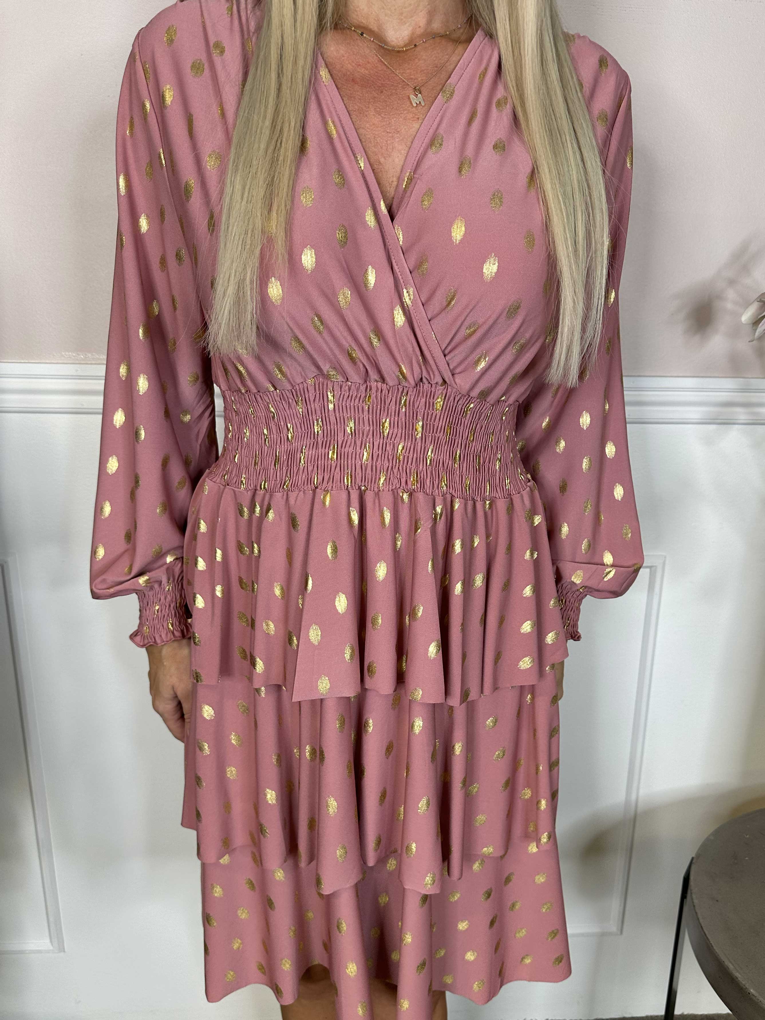 Pams Gold Dot Frills - Söt klänning med resår och volanger